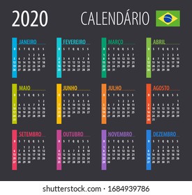 2020 Calendar - vector illustration. Template. Mock up. Brazilian version
