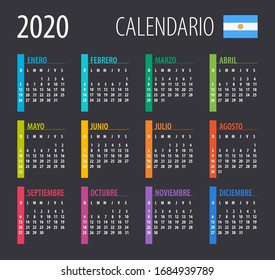 2020 Calendar - vector illustration. Template. Mock up. Argentinean version