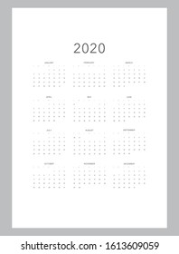 2020 Calendar vector on one page, week starts Sunday. Black and white style. International paper size A5/A4/A3 format. Simple, clean modern design. Elegant year at a glance 2020 calendar.