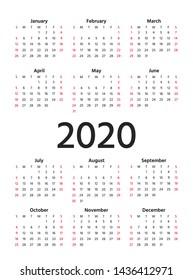 2020 Calendar. Vector. Stationery 2020 year vertical template calender in simple minimal design. Week starts Sunday. Yearly calendar organizer for weeks. Portrait orientation, english.