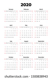 2020 calendar vector template. Abstract empty isolated set 2020 calendar. Screen, desktop months 2020, agenda. Black and white vector mock up calendar, day planner. Set 12 month pages graphic element.