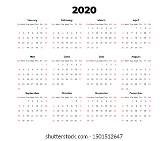2020 calendar vector template. Abstract empty isolated set 2020 calendar. Screen, desktop months 2020, agenda. Black and white vector mock up calendar, day planner. Set 12 month pages graphic element.