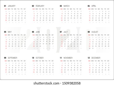 2020 calendar vector template. Abstract empty isolated set 2020 calendar. Screen, desktop months 2020, agenda. Black and white vector mock up calendar, day planner. Set 12 month pages graphic element.