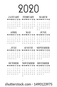 2020  Calendar vector template. All months on one vertical format. A4 Calendar template with elegant type and wide frame. Stationery design or wallpaper. Hanging calendar for 2020 year