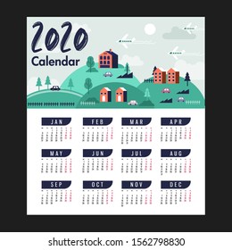 2020 Calendar Vector Template Countryside Landscape Theme Classical Design - Printable and Editable