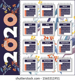 2020 Calendar Vector Template Leaves and Floral Design - Printable and Editable