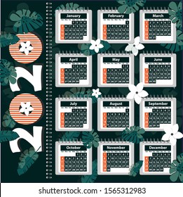 2020 Calendar Vector Template Modern Nature Leaves Theme Design - Printable and Editable