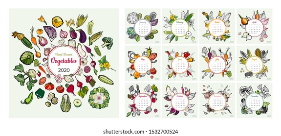 2020 calendar vegetable groceries art vector set. Desk, screen, colorful 2020 calendar template. Organic fresh food hand drawn line illustration. Sketched calendar, day planner. Set 12 month pages.