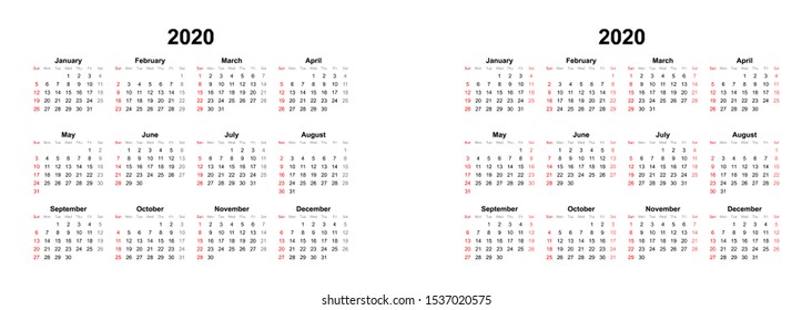 2020 calendar, week starting from Sunday, business template on white background