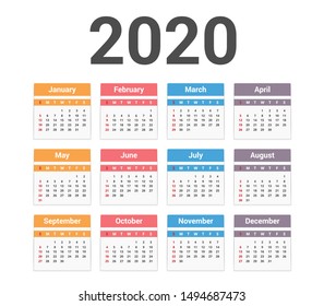 2020 Calendar, week starts on Sunday, vector eps10 illustration