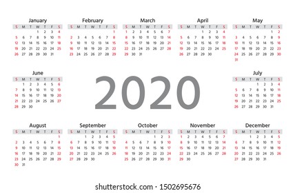 2020 Calendar. Week starts Sunday. Stationery year template. Vector.Yearly calender organizer in minimal design. Layout grid. Landscape orientation, English