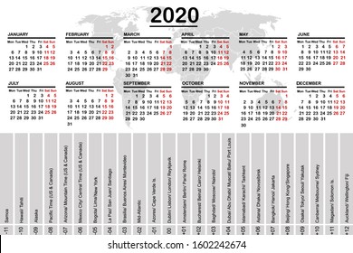 2020 calendar with world map and time zones