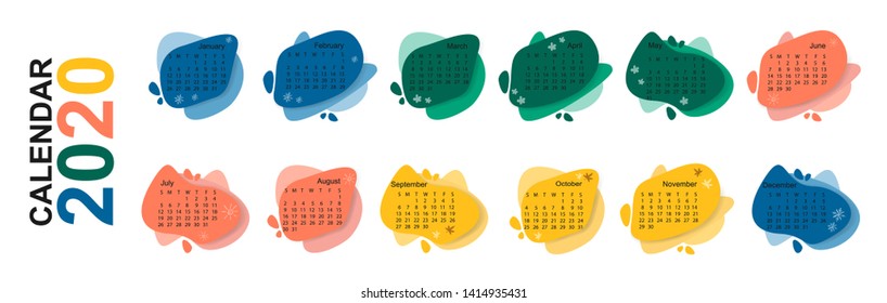 2020 calendar year of rat. Horizontal calender template on white background with abstract design color modern graphic elements. Dynamical form of flowing liquid with day of week- Vector calendar