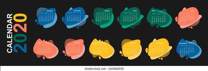 2020 calendar year of rat. Horizontal calender template on black background with abstract design color modern graphic elements. Dynamical form of flowing liquid with day of week- Vector calendar
