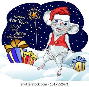 2020 Calendar the year of the Rat, Horoscope Zodiac sign.  White mouse-Santa sitting in the snow with gifts. Decorative greeting card-merry Christmas and happy New year