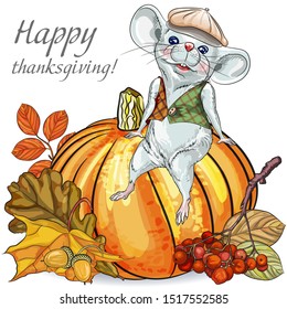 2020 Calendar the year of the Rat, Horoscope Zodiac sign.  White mouse with pumpkin and autumn leaves. Decorative greeting card-thanksgiving, happy New year and merry Christmas.