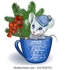 2020 Calendar the year of the Rat, Horoscope Zodiac sign.  White mouse in a mug with branches of spruce and Rowan berries. Decorative greeting card-happy New year and merry Christmas.