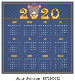 2020 calendar with year of the rat theme on blue background
