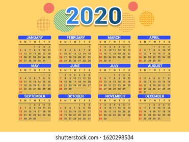 2020 calendar with yellow background