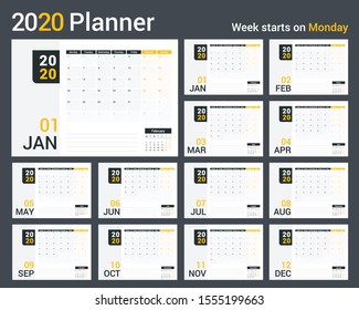 2020 Calendar-planner template, planner, 12 pages, week starts on Monday, vector eps10 illustration