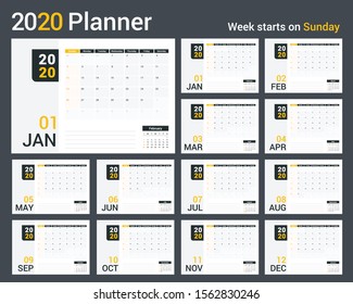 2020 Calendar-planner template, planner, 12 pages, week starts on Sunday, vector eps10 illustration