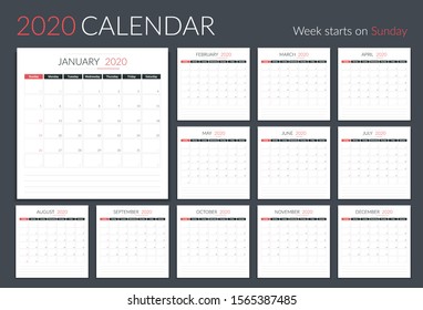 2020 Calendar-planner template, planner, 12 pages, week starts on Sunday, vector eps10 illustration