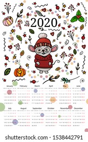 2020 calendarwith cartoon Mouse or rat in a red sweater and hat