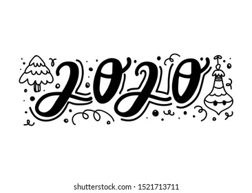 2020 calligraphy phrase. Merry Christmas and Happy New Year lettering with doddle elements for greeting card, poster, sticker etc. Vector illustration on white background.