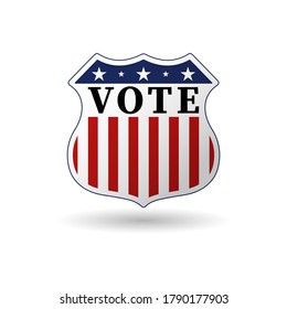 2020 campaign election pin button or badge with patriotic stars and stripes theme. US presidential election icon. Isolated on a white background. Vector illustration.