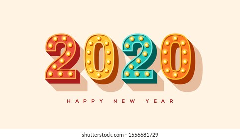 2020 card or banner with typography design. Vector illustration. Numbers of retro light bulbs font. Minimal invitation for Merry Christmas and Happy New Year.