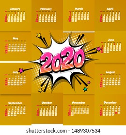 2020 cartoon colored calendar pop art vector style. 2020 sketch New Year speech bubble background. Colored number calendar monthly planner schedule 2020 cartoon pop art planner.