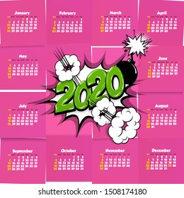 2020 cartoon colored calendar pop art vector style. 2020 sketch New Year speech bubble background. Colored number calendar monthly planner schedule cartoon pop art.