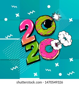 2020 cartoon comic text calendar template pop art. Speech bubble wow vector background. Halftone date organizer. Cartoon doughnut, donut. 2020 sketch pop art comic text. Pop art bomb donut.