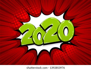 2020 cartoon comic text speech bubble. Colored pop art style sound effect. 2020 speech bubble comics sketch halftone vector illustration banner. Vintage 2020 cartoon comics book poster pop art sketch.