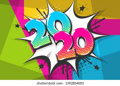 2020 cartoon comic text speech bubble. Colored pop art style sound effect. 2020 speech bubble comics sketch halftone vector illustration banner. Vintage 2020 cartoon comics book poster pop art sketch.