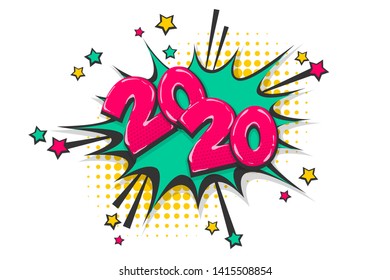 2020 cartoon comic text speech bubble. Colored pop art style sound effect. 2020 sketch halftone vector illustration banner. Vintage 2020 cartoon comics book poster.