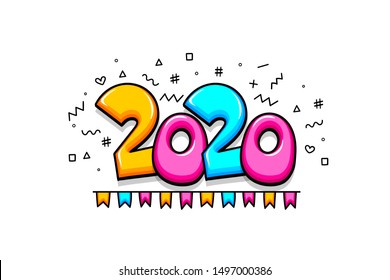 2020 cartoon new year number sketch doodle style. 2020 greeting flat vector illustration. Bright colors comic text 2020 Christmas lettering.