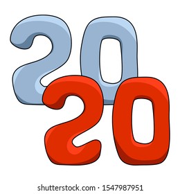 2020 cartoon vector illustration on white background. New Year number square label. 2020 Year hand-drawn figures for children calendar or paper package. Red and blue 2020 New Year sticker or tag. 