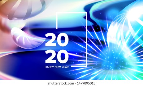 2020 Celebrating Happy New Year Invite Banner Vector. Colorful Glossy balls, Shapes With Frame Decorated Fireworks for New Year Greeting-card Announcement. Horizontal Poster Illustration