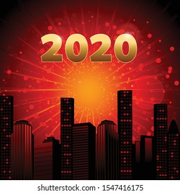 2020 Celebration Red And Yellow Background With Abstract Cityscape Date And Starburst