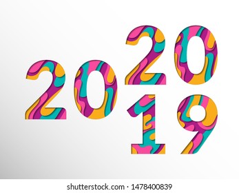 2020 changes 2019 calligraphic numbers cut of origami paper. New Year 2020 greeting card with fluid paper cut shapes background. Ultra violet 3D carving vector. 