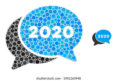 2020 chat messages composition of round dots in variable sizes and color hues. Vector round elements are composed into 2020 chat messages composition.