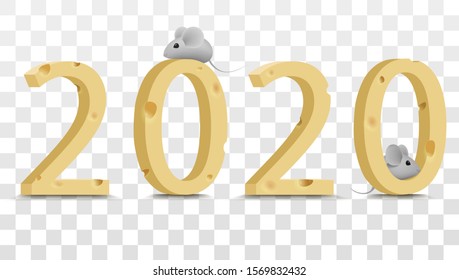 2020, cheese figures with mice. Elements for New Year's design. Figures from cheese and gray rats. Vector file.