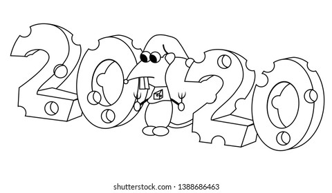 2020 in cheese shape with hungry character outline. Year of the rat. Isolated stock vector illustration