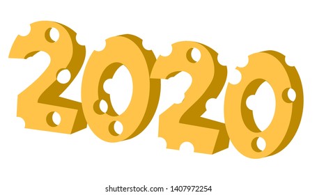 2020 in cheese shape year of the rat . Isolated stock vector illustration