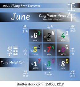 2020 chinese feng shui calendar. 12 months. Yang Metal Rat Year. Feng shui flying stars calendar by 12 months.  Translation of chinese characters is numbers, rat and metal, the compass.