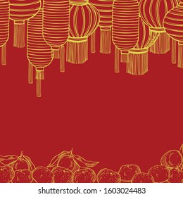 2020 Chinese New Year background with Chinese lanterns and tangerines.  Vector sketch illustration.