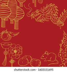 2020 Chinese New Year background. Year of the rat. Vector sketch illustration.