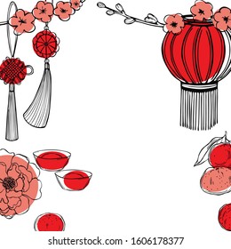 2020 Chinese New Year background with flowers and lanterns. Vector sketch illustration.