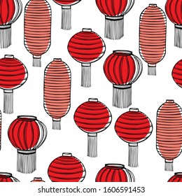 2020 Chinese New Year background with holiday red and pink lanterns. Vector seamless pattern.